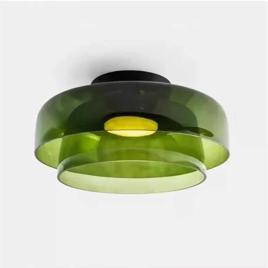 Luminaire plafonnier en verre vert moderne avec anneaux circulaires concentriques et ampoule jaune chaude