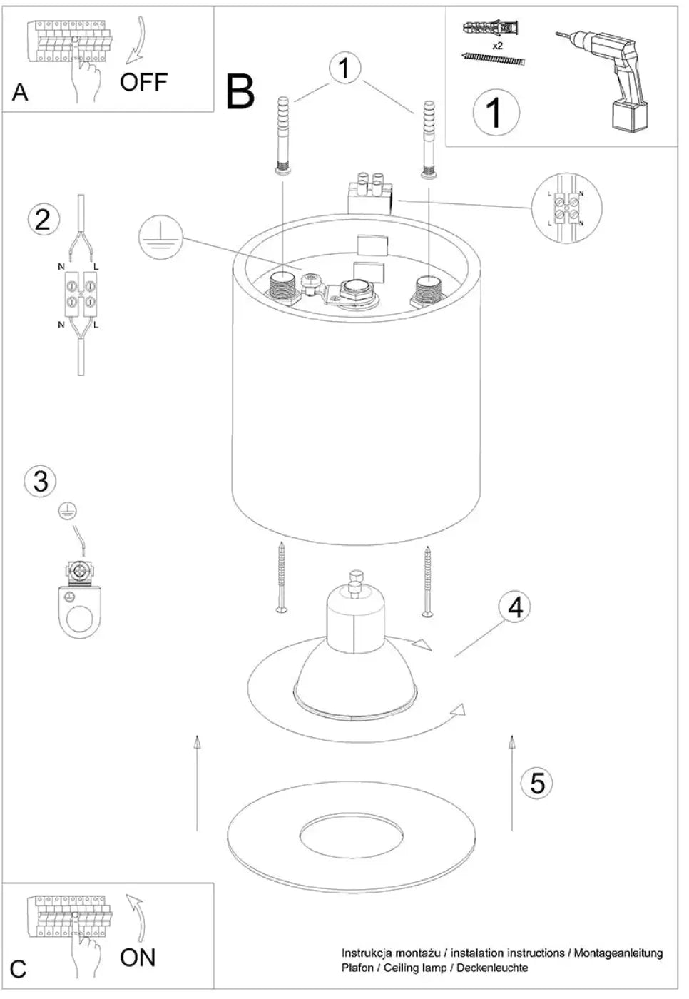 Le diagramme montre les composants du luminaire plafonnier mika blanc avec montage et connexions électriques, plafond mika moderne