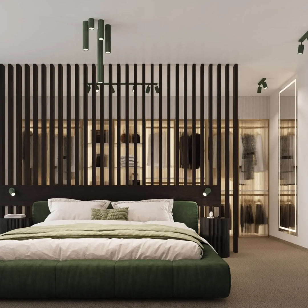 Lit vert émeraude avec tête de lit capitonnée et plafonnier karbon design minimaliste ampoules gu10 interchangeables