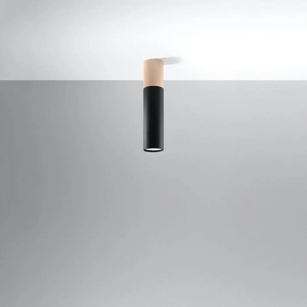 Luminaire plafonnier moderne pablo noir avec corps cylindrique mat et chapeau en bois naturel pointe moderne pablo
