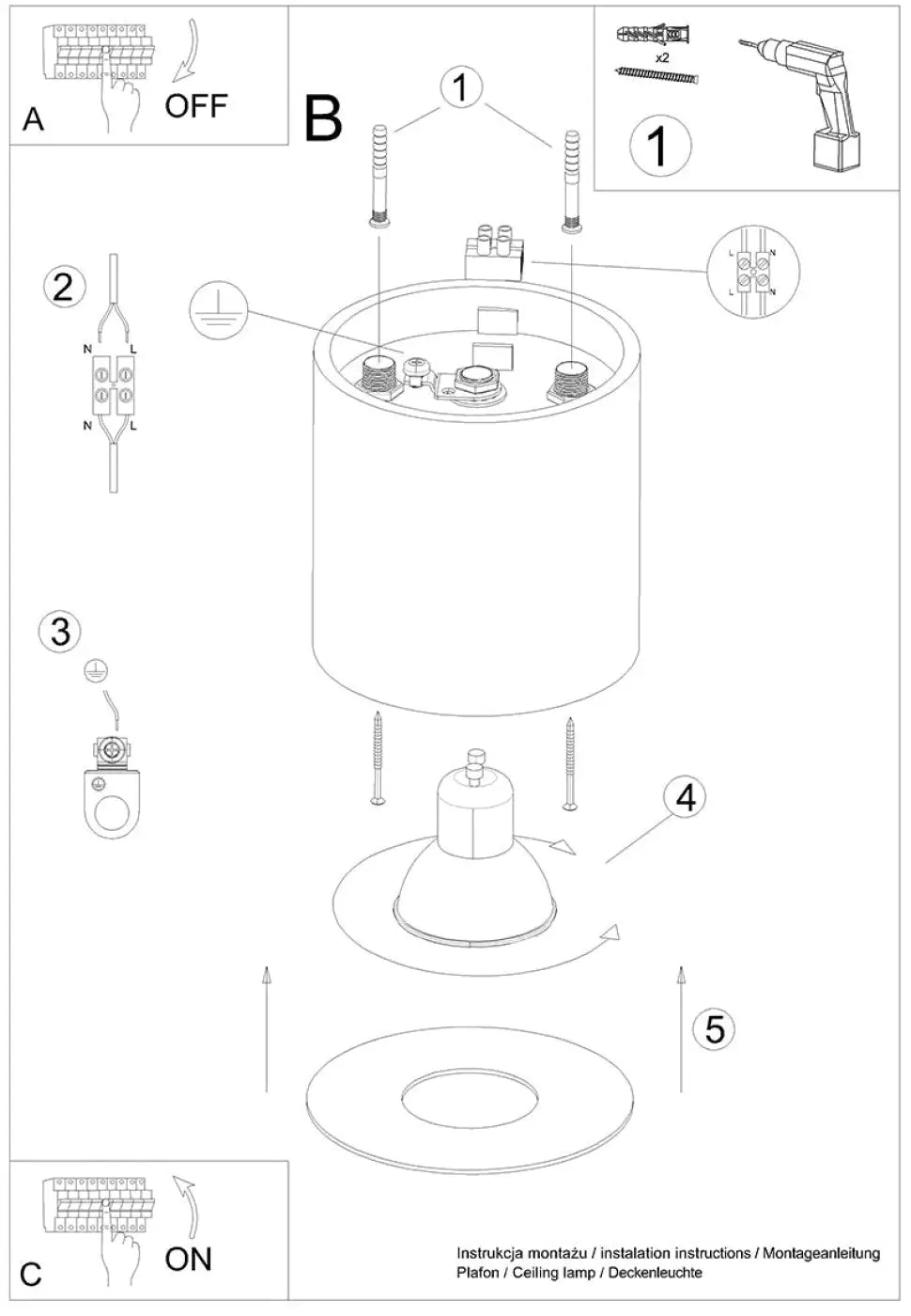 Le diagramme du luminaire plafonnier mika or montre ses composants avec montage et connexions électrique pour plafond mika moderne