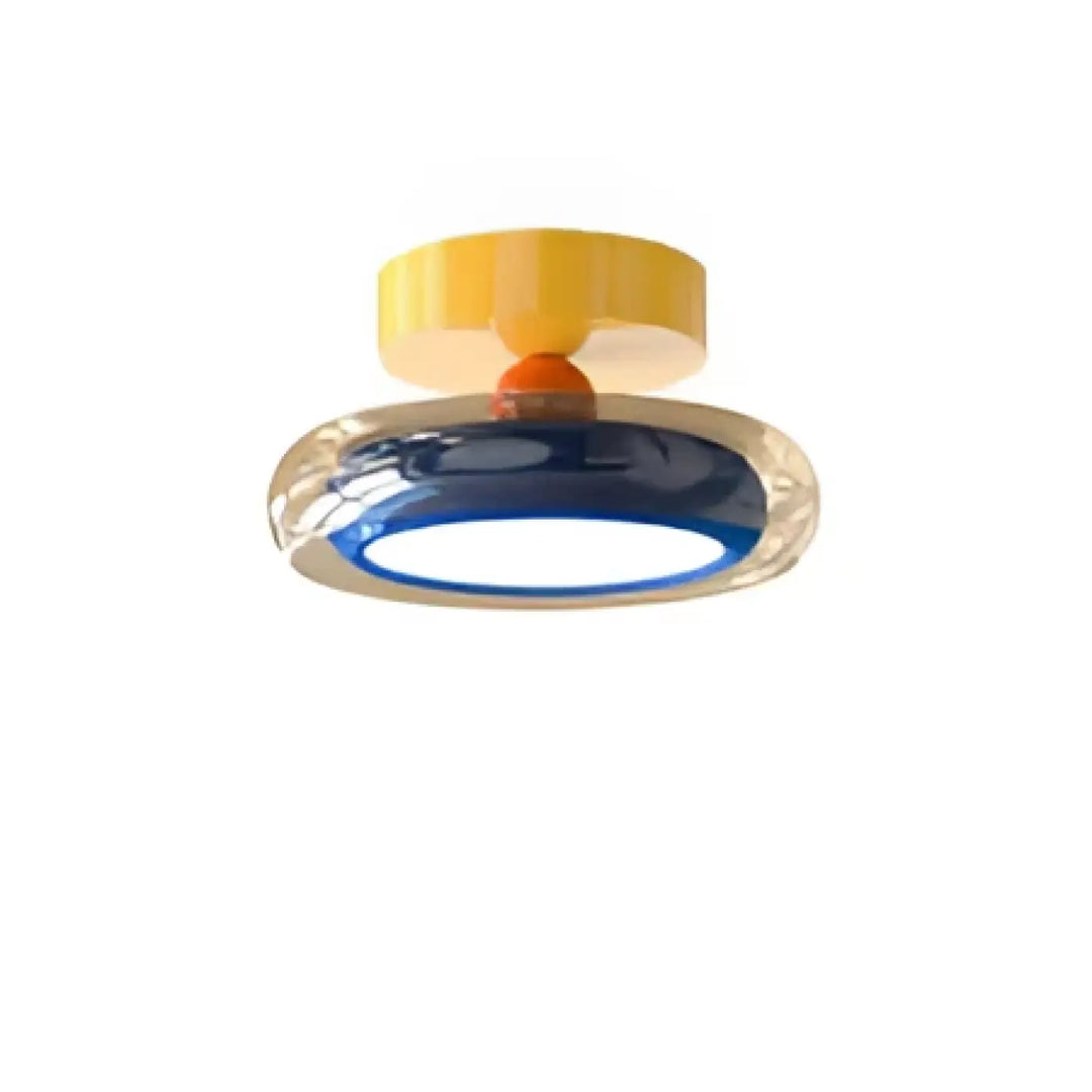 Luminaire plafonnier auriona avec verre soufflé bleu translucide et top circulaire jaune pour un éclairage décoratif moderne