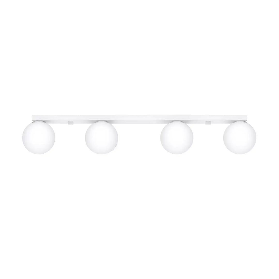 Luminaire plafonnier yoli 4 blanc avec quatre globes en verre dépoli sur barre horizontale classe à part