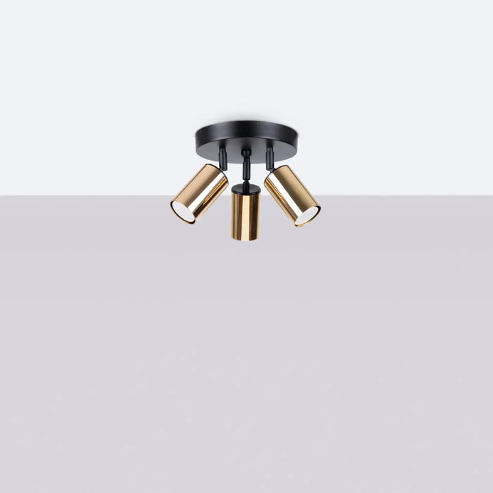 Luminaire plafonnier winx 3p noir avec base noire et trois têtes cylindriques dorées design moderne allie
