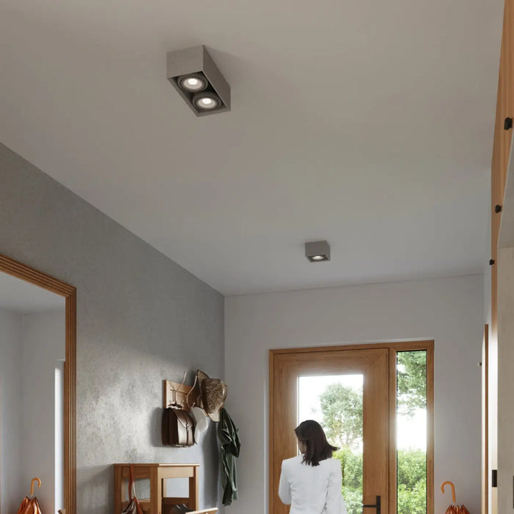 Luminaire plafonnier beton quatro moderne rectangulaire argent avec deux ampoules encastrées circulaires plafond quatro sentez mieux