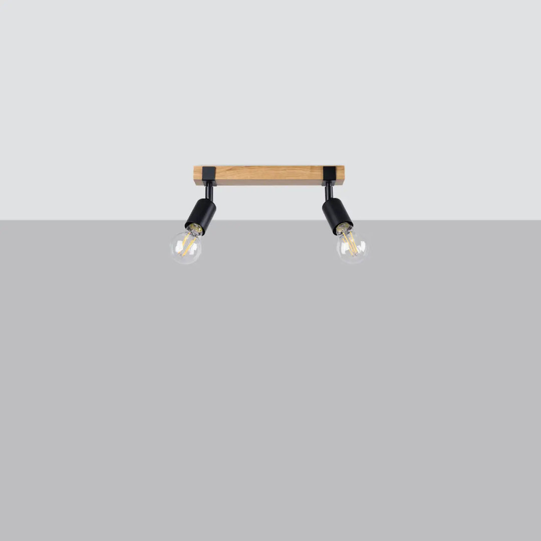 Luminaire plafonnier série zuca 2 noir avec barre en bois naturel, bras métalliques noirs et ampoules décoratives visibles