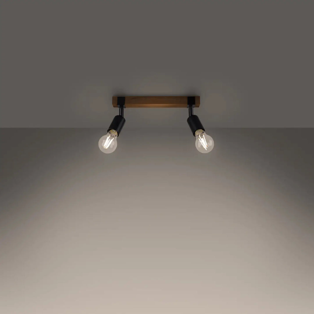Luminaire plafonnier série zuca 2 noir avec barre en bois chaud et bras métal noir tenant ampoules décoratives visibles