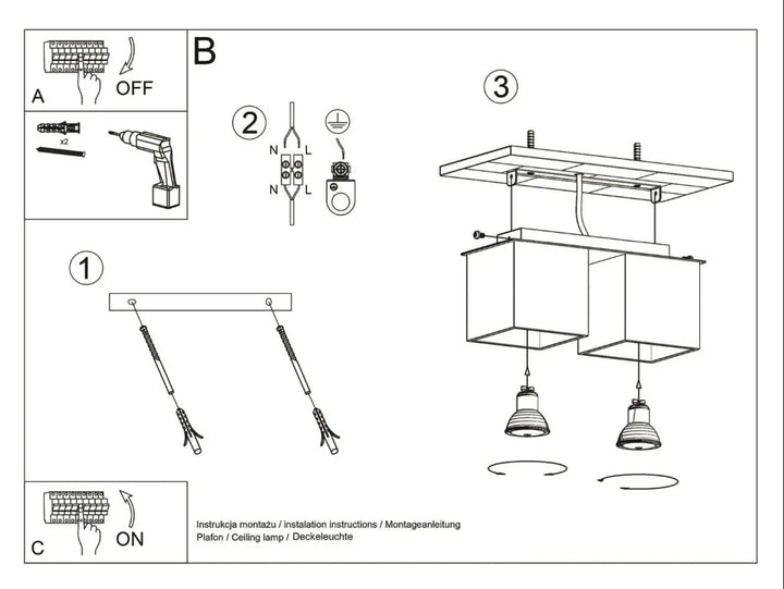 Dessin en noir et blanc d un plafonnier quad avec deux suspensions montées individuellement en bois naturel noir
