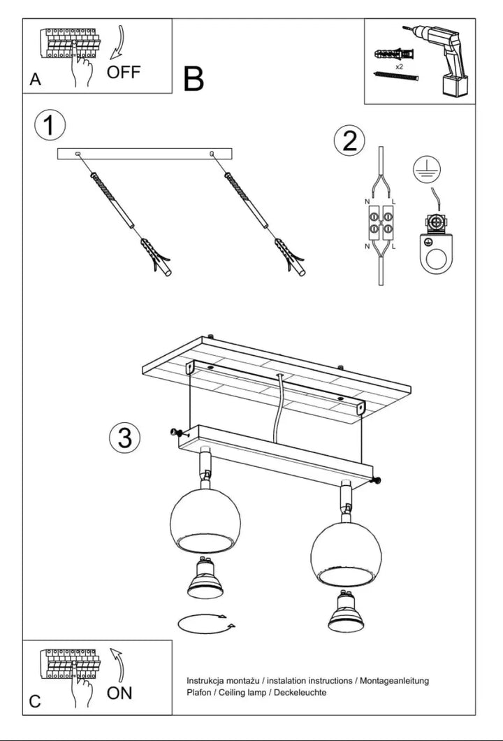 Diagramme dinstallation dun plafonnier moderne oculare 2 noir avec deux spots oculare exactement et design original en bois
