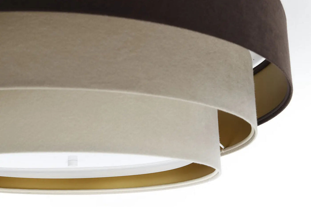 Luminaire plafonnier élégant en tissu velours beige et marron avec finition textile et bordure dorée pour salon moderne