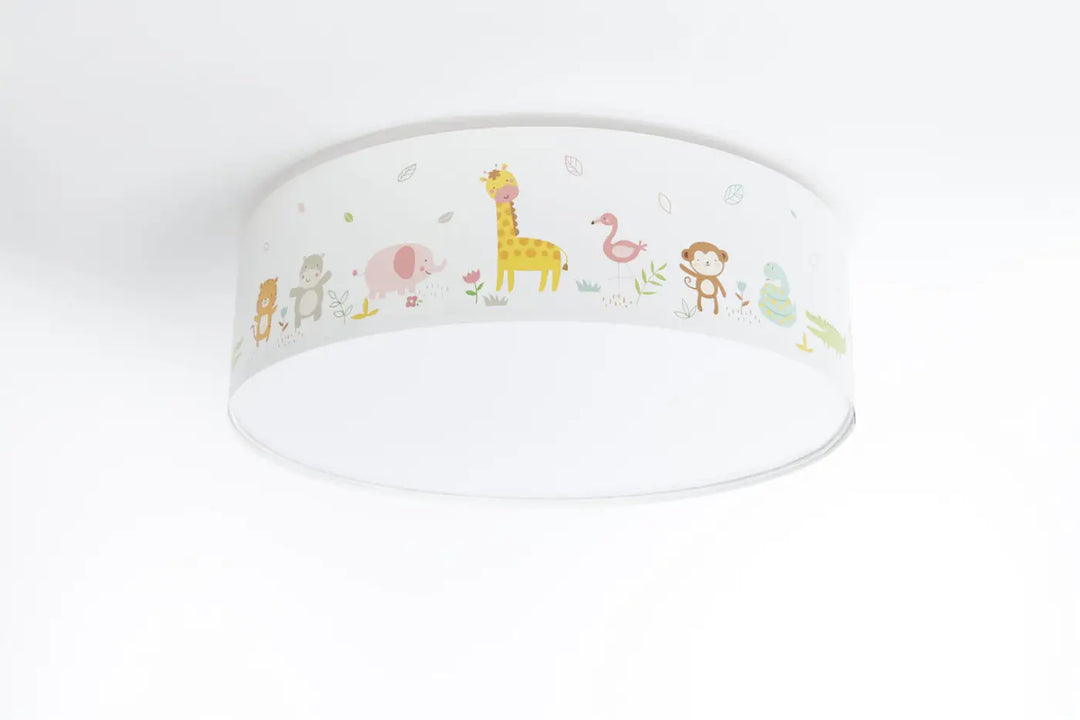 Luminaire plafonnier enfant blanc avec design safari pastel girafes singes et éléphants pour chambre enfant