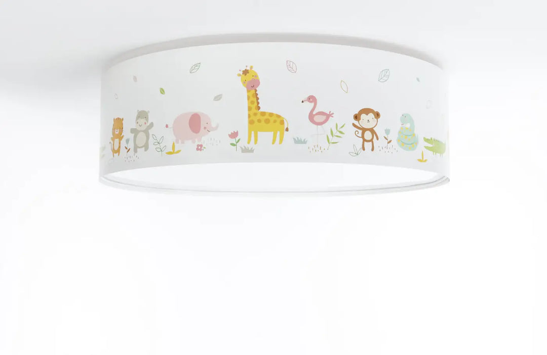Luminaire plafonnier enfant blanc avec motif animalier pastel de girafes, singes et flamants pour chambre enfant