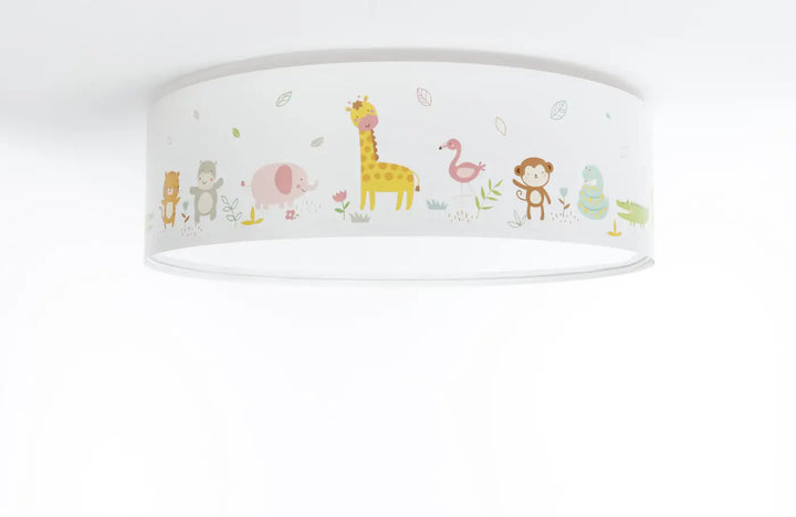 Luminaire plafonnier enfant blanc avec motif animalier pastel de girafes, singes et flamants pour chambre enfant