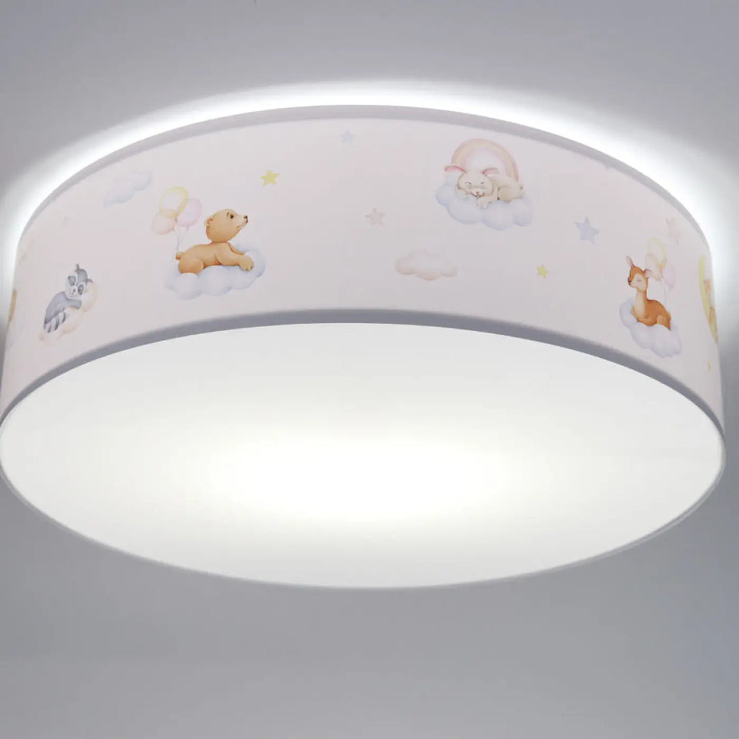 Plafonnier enfant blanc sweet dreams avec diffuseur blanc doux et illustrations pastel d’animaux cartoon