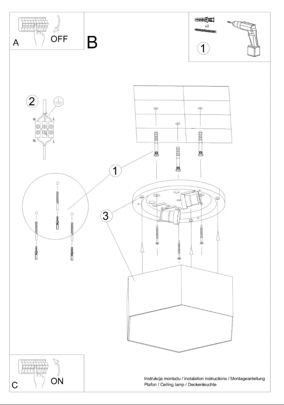 Luminaire plafonnier sunde 13 blanc avec formes géométriques hexagonales et suspension réglable monté au plafond
