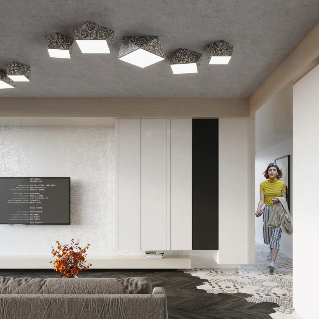 Plafonnier hexa 35 argent avec finition texturée noire et blanche à motifs géométriques pour éclairage exclusif