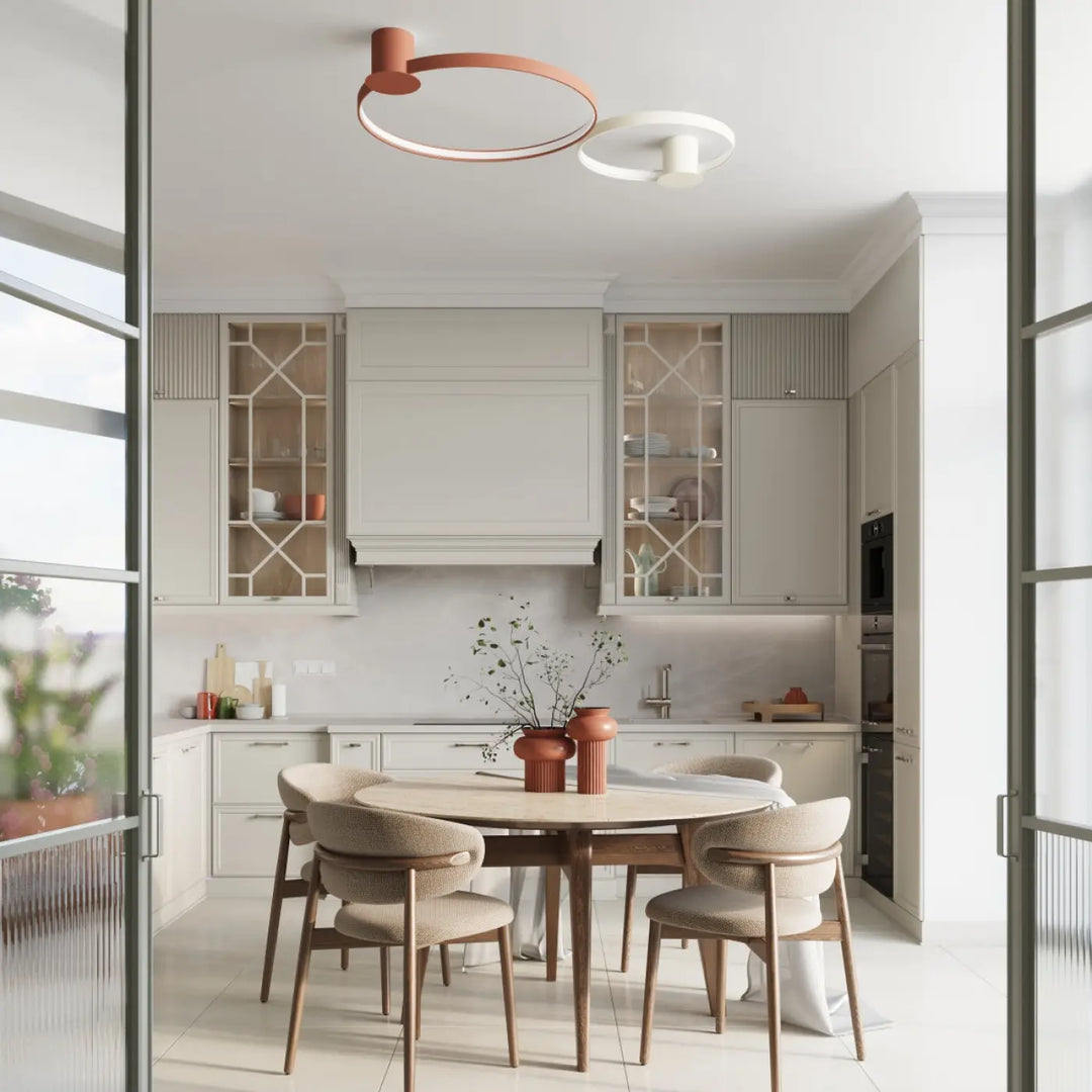 Luminaire plafonnier collection rio en rouge ocre avec design moderne et vases en céramique terracotta à texture rainurée