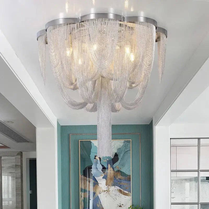 Luminaire Plafonnier Luxueuse Chaînes Métalliques Argent Design