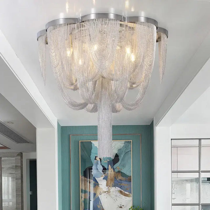 Luminaire Plafonnier Luxueuse Chaînes Métalliques Argent Design