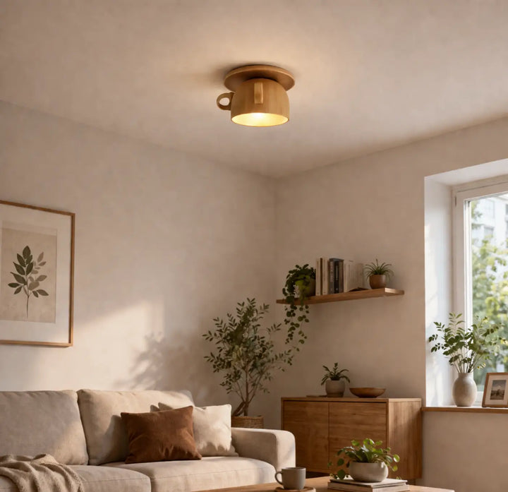 Luminaire plafonnier minimaliste en bois aux tons chauds en forme de tasse à café modele cuppy
