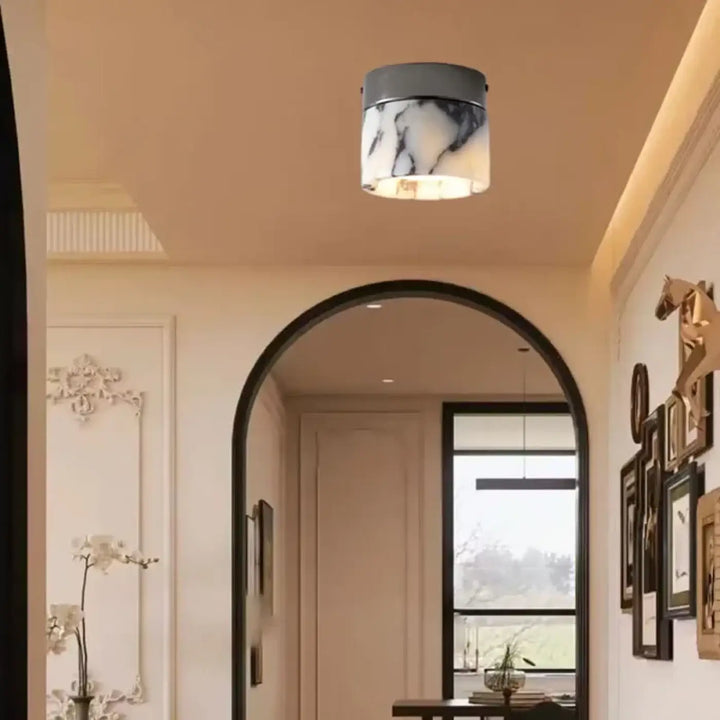 Luminaire plafonnier gapsi avec cadre cylindrique gris métallique et abat-jour verre marbré blanc moderne marbré
