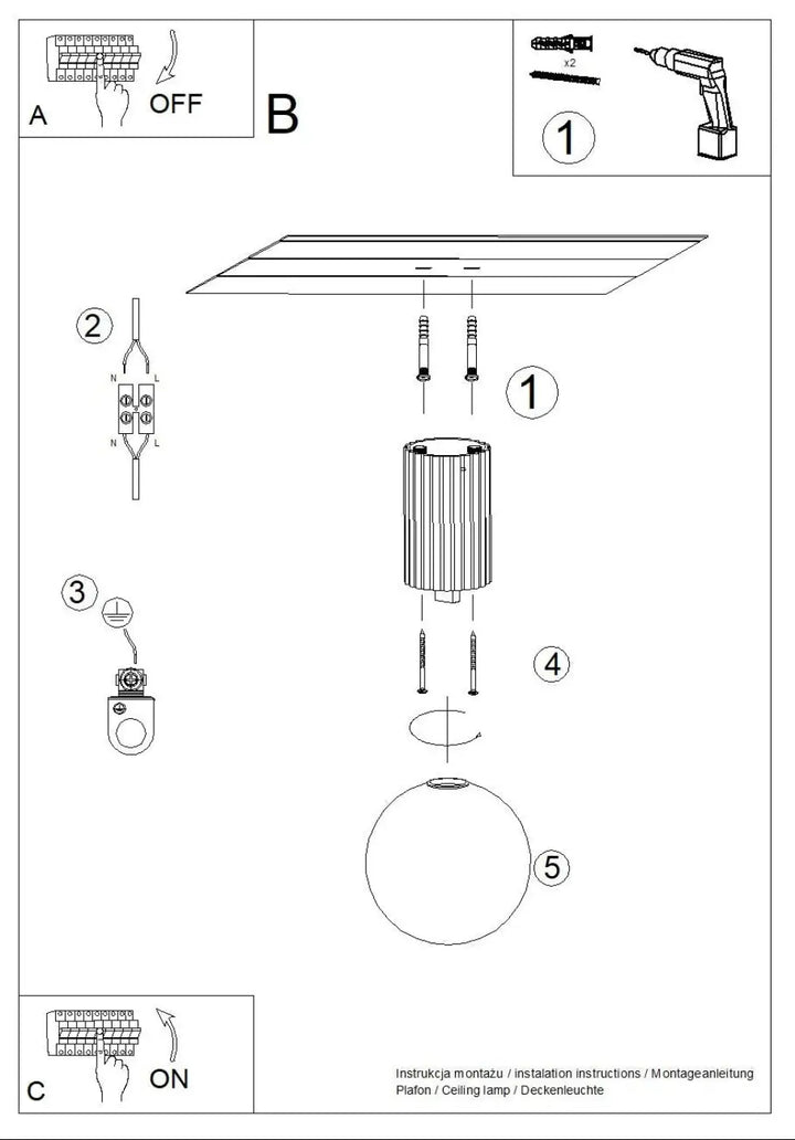 Le diagramme montre une lampe halo plafonnier halo moka avec une sphère laiteuse et un éclairage pour bureau décorative