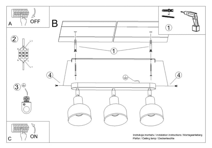 Luminaire plafonnier elba 3 noir avec trois abat-jours blancs en forme de dôme en métal pour un minimalisme combiné à des éléments subtils