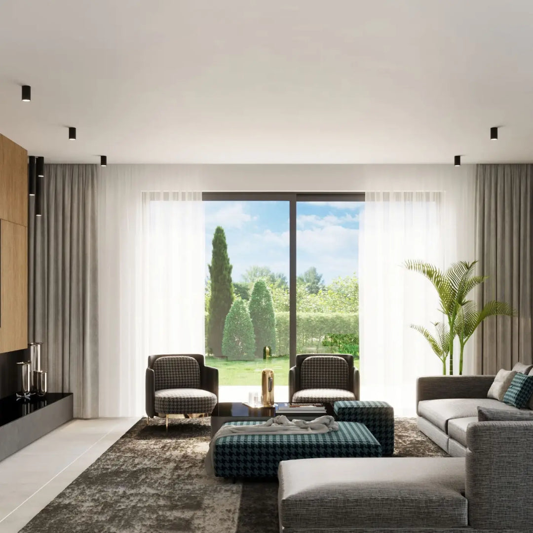 Luminaire plafonnier lagos 10 noir avec fauteuils modernes gris à motif pied-de-poule et pieds métal élégance moderne lumière fonctionnelle