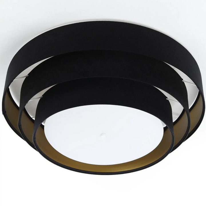 Luminaire plafonnier noir design moderne avec abat-jour en tissu superposés noir et doré concentrique triniti veloursstoff