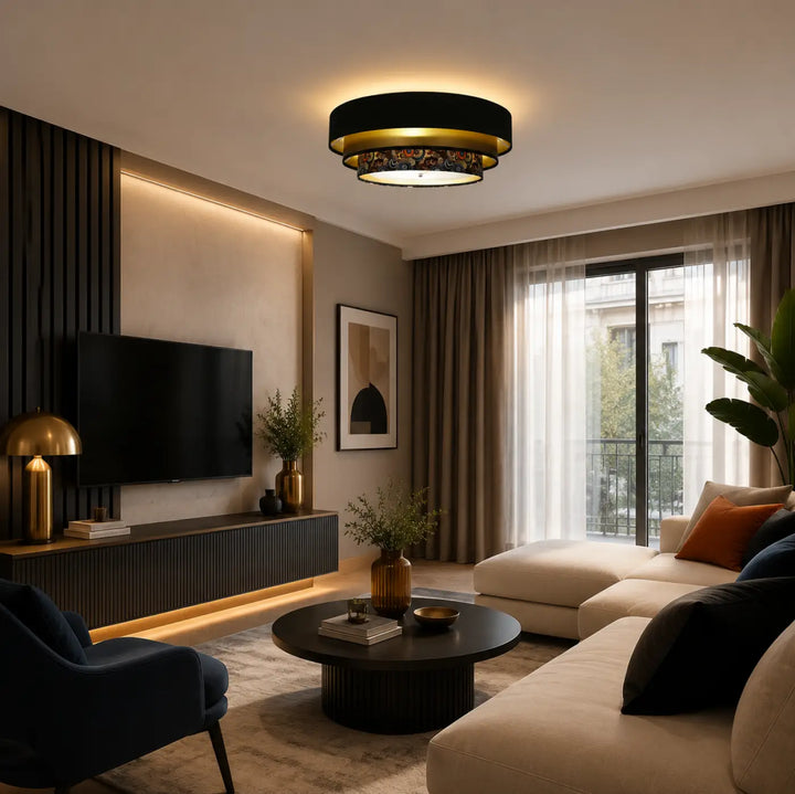 Luminaire plafonnier noir en or avec un design à étages et des détails décoratifs complexes triniti elegant multicolore