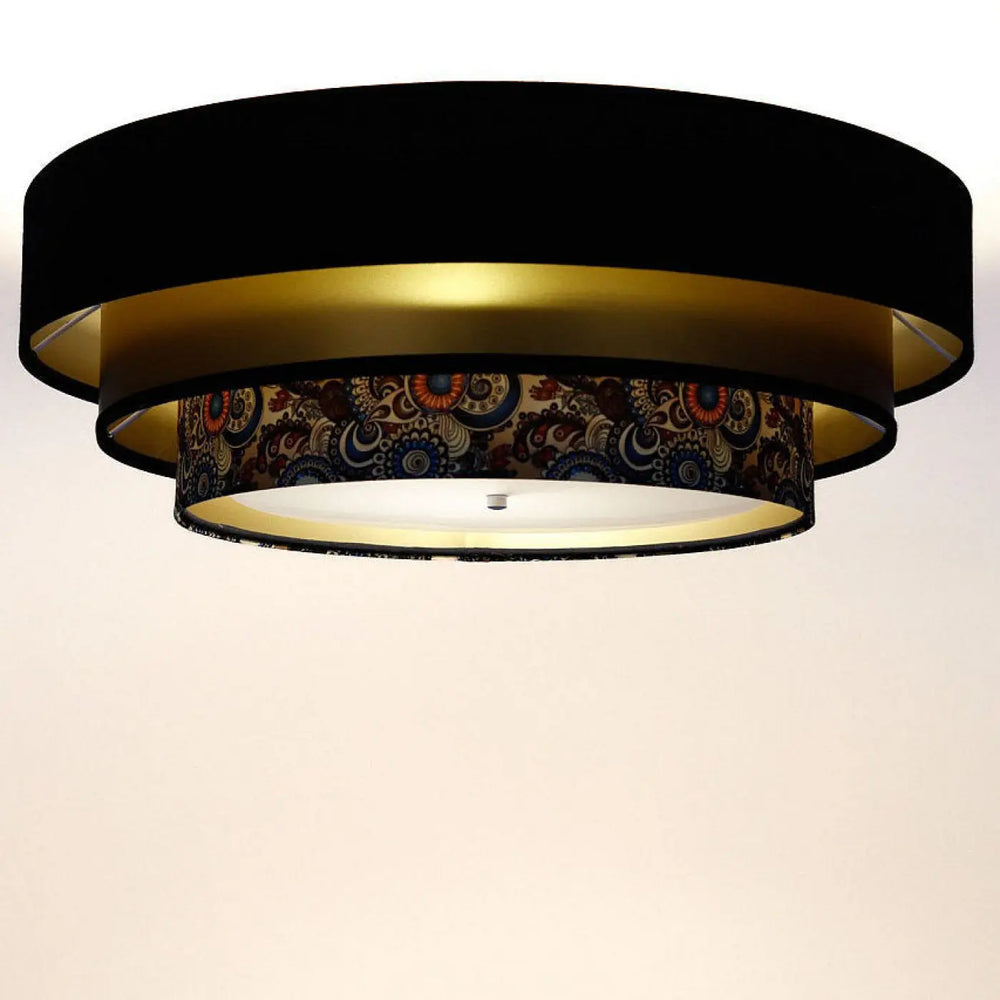 Luminaire plafonnier noir et doré avec anneau central orné de motifs décoratifs multicolores triniti elegant