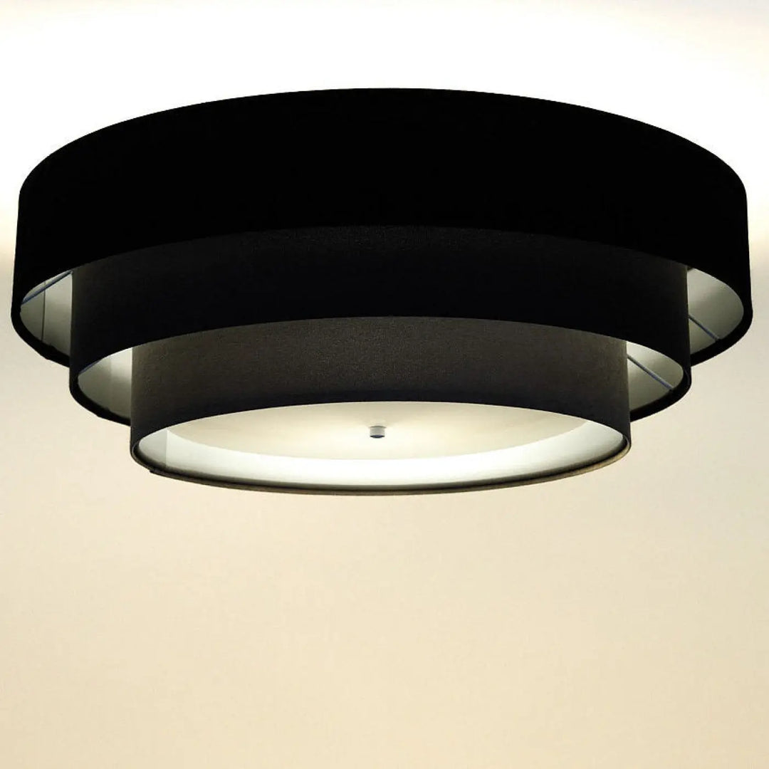 Luminaire plafonnier noir en tissu velours avec abat-jour circulaire superposé noir gris doré pour intérieur moderne