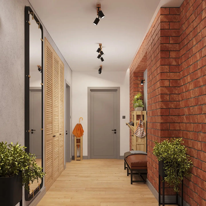 Le luminaire plafonnier fager 2 noir avec cadre en bois naturel et abat-jours orientables dans un couloir moderne