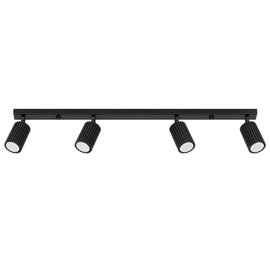 Plafonnier karbon allie un design minimaliste noir mat avec quatre spots cylindriques à ampoules gu10 interchangeables