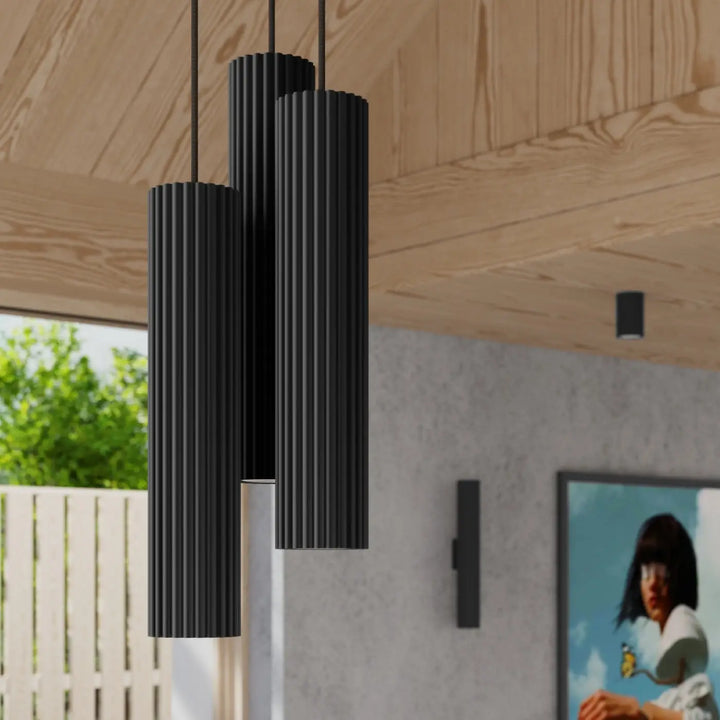 Plafonnier karbon 6l noir avec ampoules gu10 interchangeables en design minimaliste et cylindres à rainures verticales