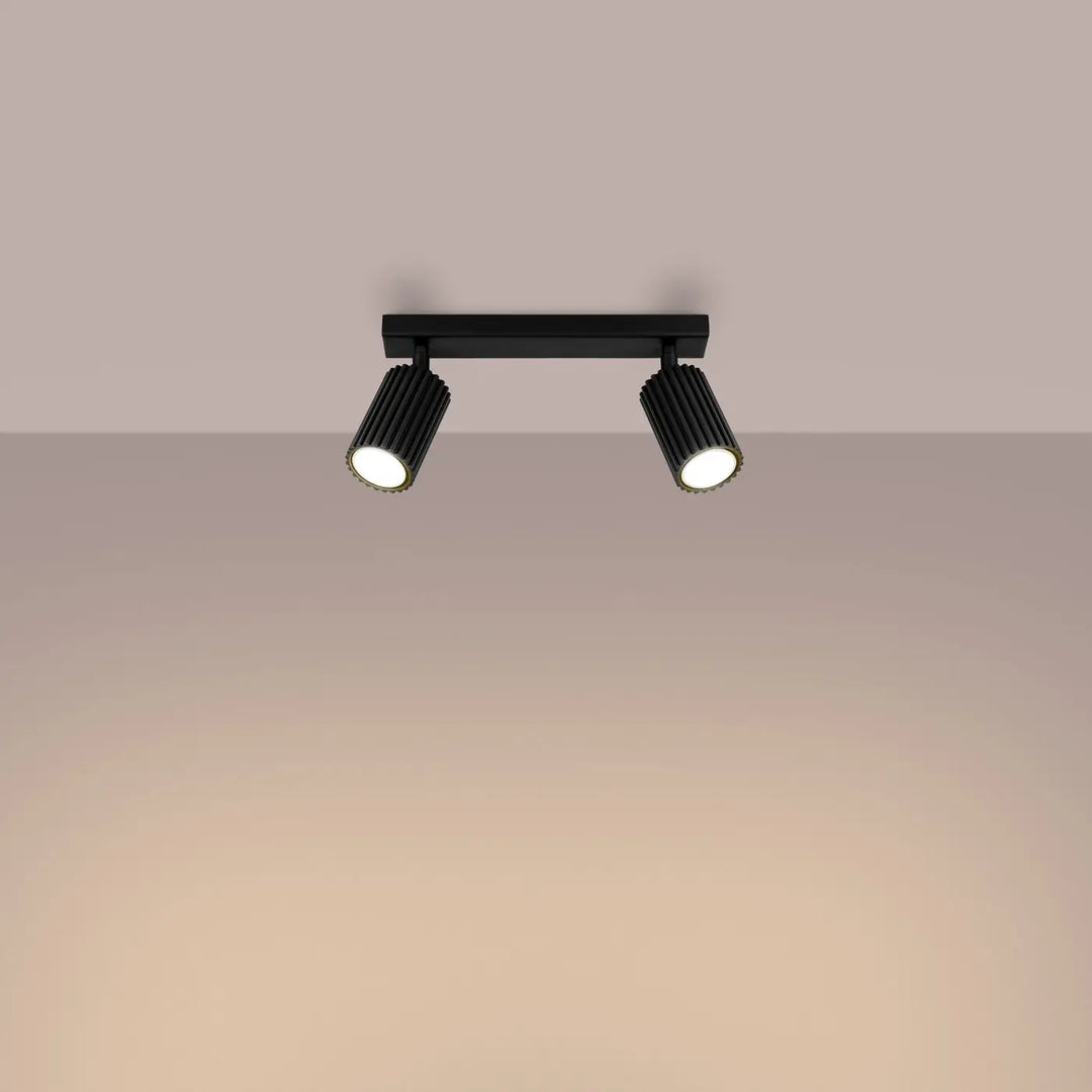 Plafonnier karbon allie noir mat avec deux spots cylindriques rainurés et ampoules gu10 interchangeables design minimaliste