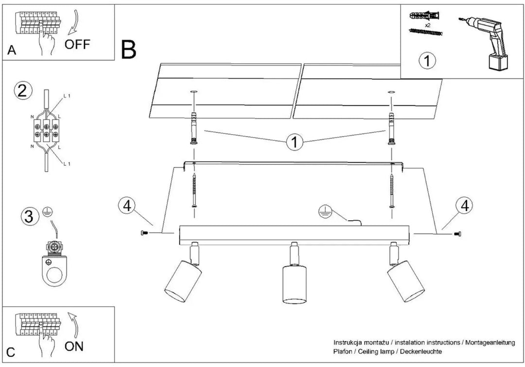 Diagramme dinstallation pour plafonnier winx 3 noir avec trois spotlights ajustables lampe winx allie design