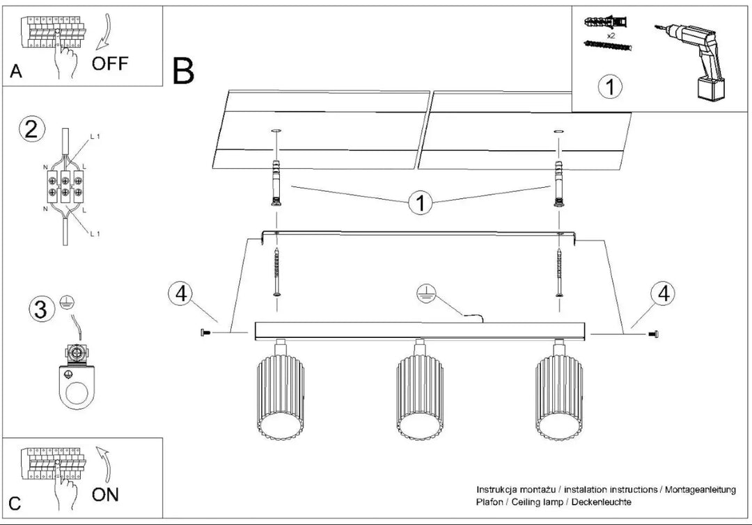 Diagramme dinstallation du plafonnier karbon allie noir avec trois ampoules gu10 interchangeables et lignes subtiles