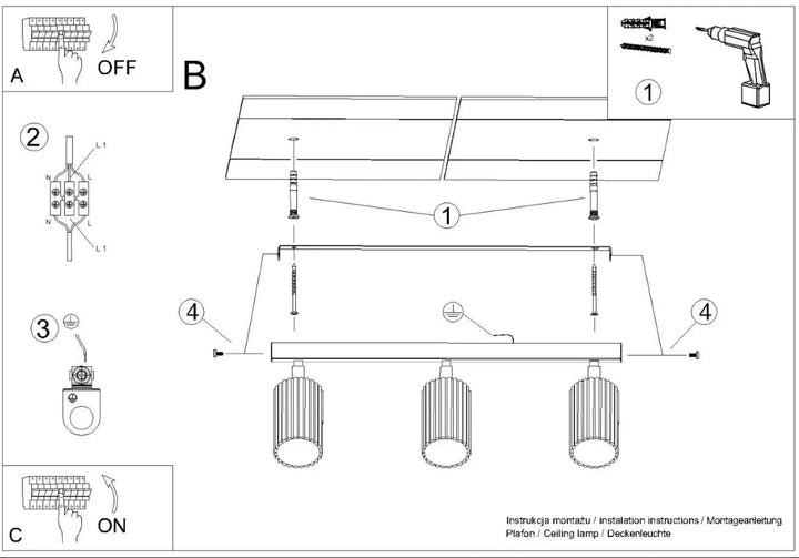Diagramme dinstallation du plafonnier karbon allie noir avec trois ampoules gu10 interchangeables et lignes subtiles