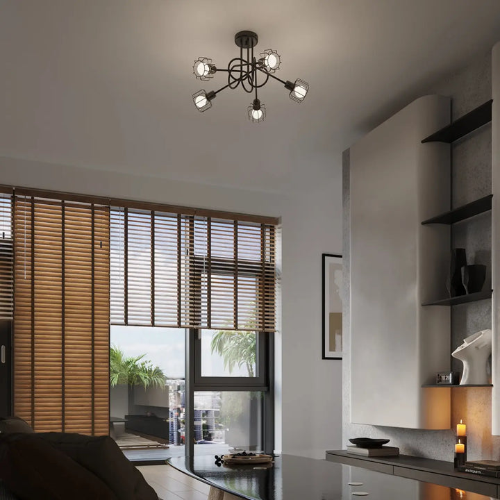 Luminaire plafonnier beluci 3 noir en fer forgé avec cinq bras et globes en verre dépoli style loft collection beluci