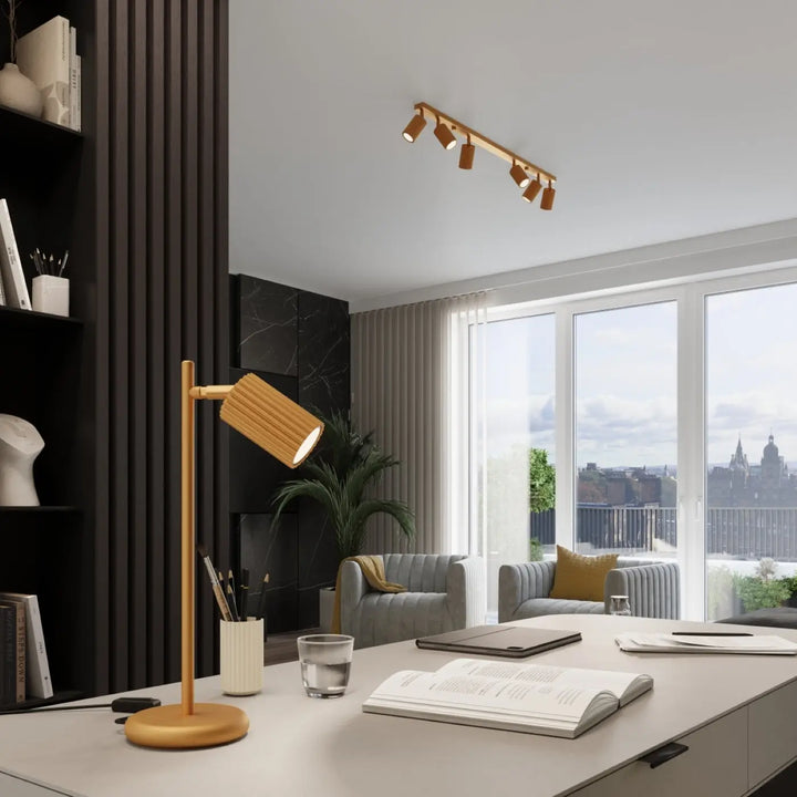 Luminaire plafonnier karbon 6l or avec design minimaliste et texture bambou doré comportant ampoules gu10 interchangeables
