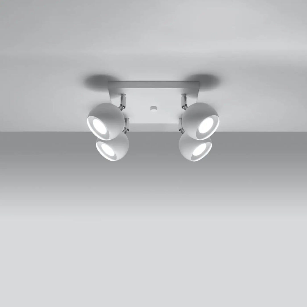 Plafonnier oculare 4 blanc avec quatre têtes sphériques réglables pour éclairez précisément avec un design original