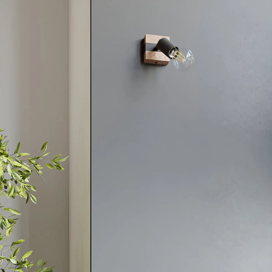 Luminaire plafonnier série zuca 4 noir avec spot mural moderne en bois rustique et ampoules décoratives visibles
