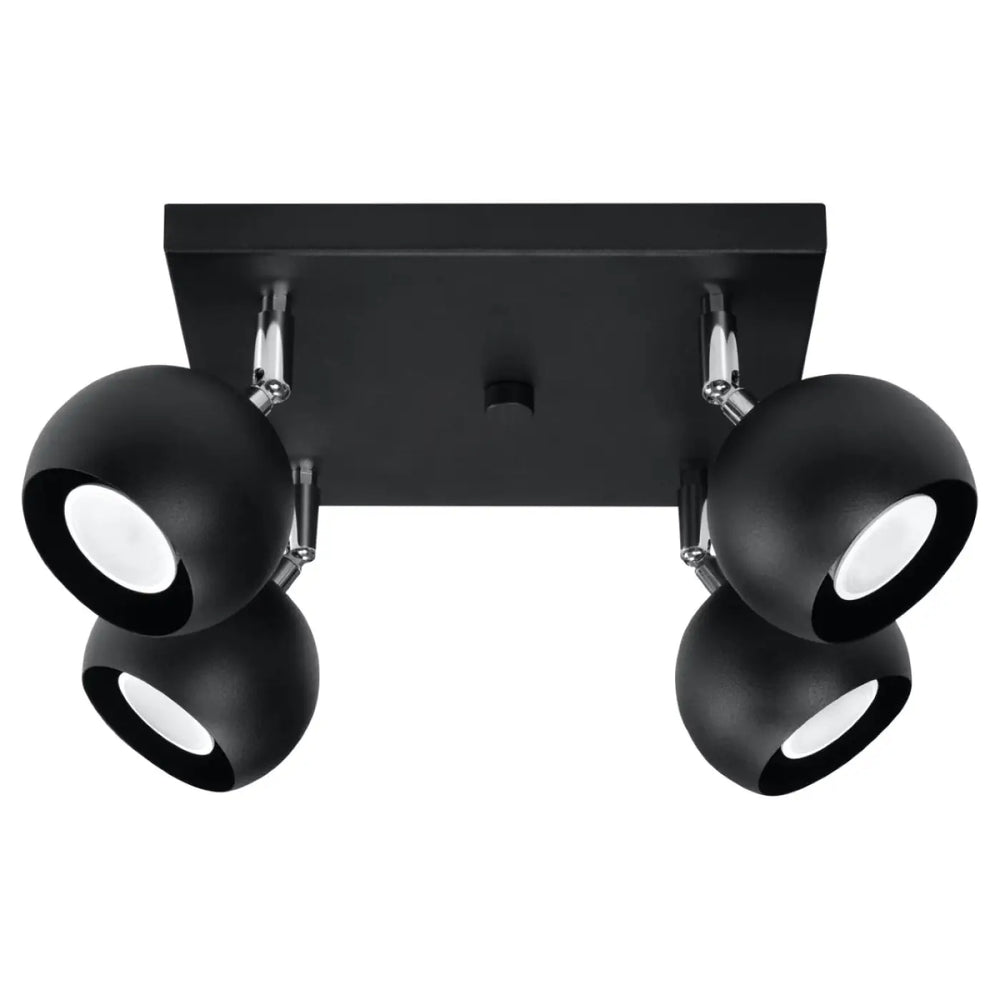 Plafonnier oculare noir mat avec quatre têtes sphériques réglables pour éclairez précisément avec un design original