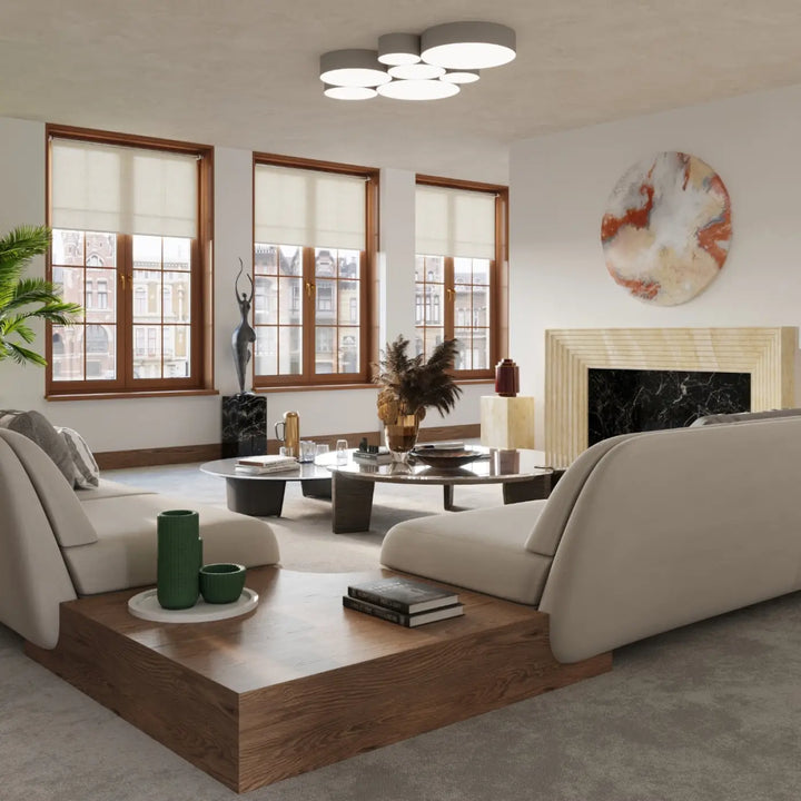 Beige canapé dangle en tissu avec base en bois bas profil pour un éclairage polyvalent plafonnier rond forme riche