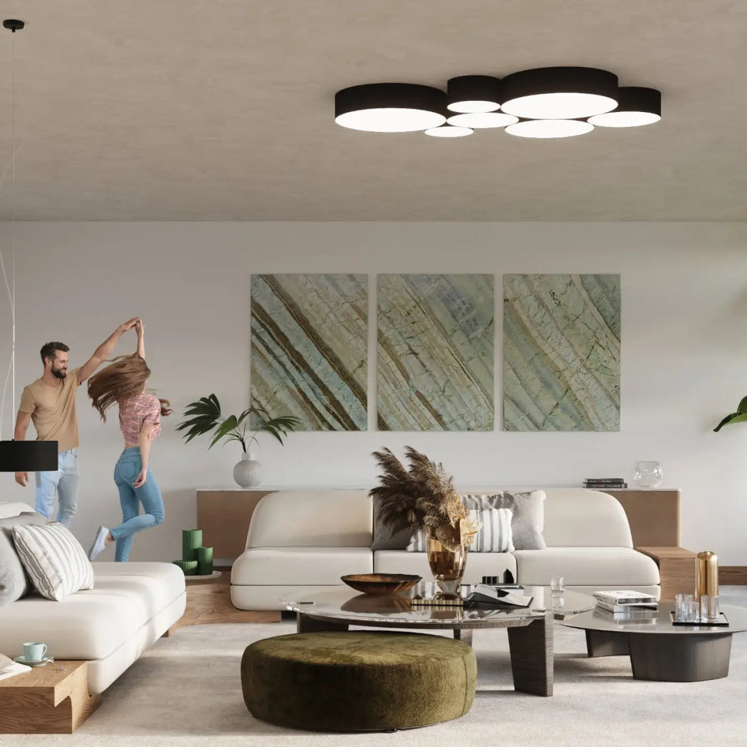 Plafonnier rond noir luminaire arena 45 en forme riche avec éclairage polyvalent à multiples ampoules circulaires