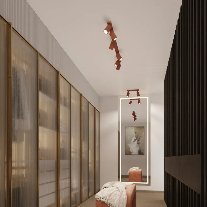 Luminaire plafonnier karbon 3p rouge ocre avec ampoules gu10 interchangeables et design minimaliste en cuivre moderne