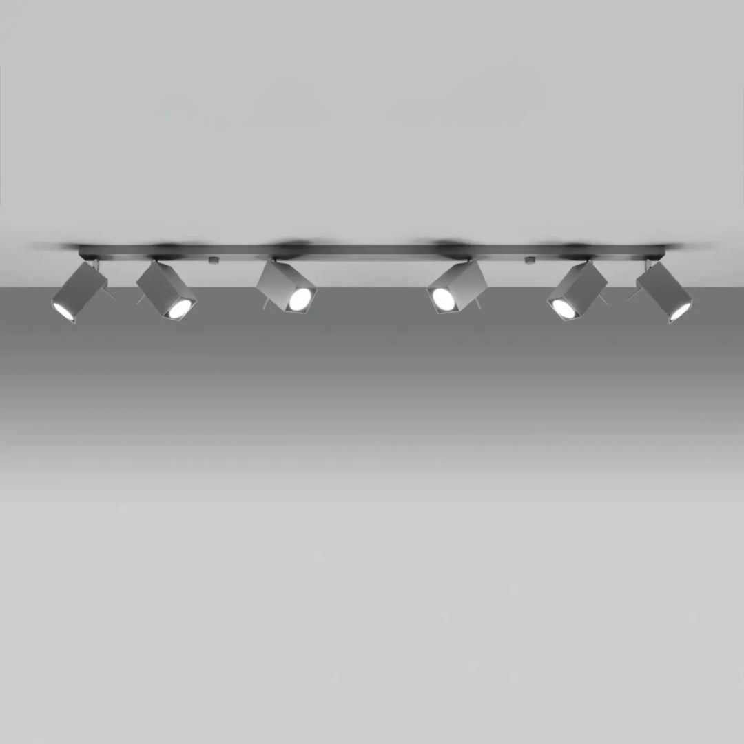Plafonnier moderne merida 6l gris en métal noir avec cinq spots merida ajustables pour diriger précisément la lumière