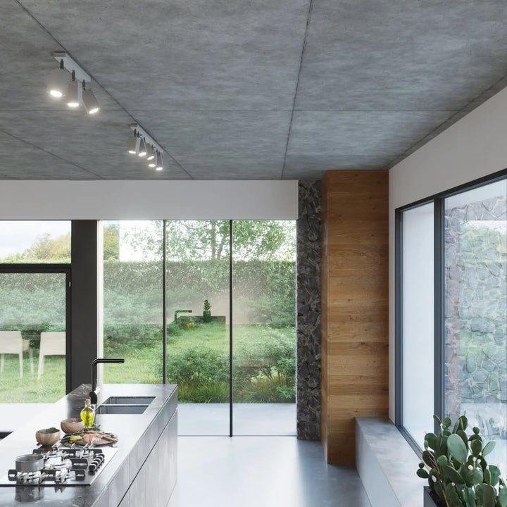 Luminaire plafonnier moderne merida 2 gris avec spots disposés pour diriger précisément la lumière dans une cuisine minimaliste