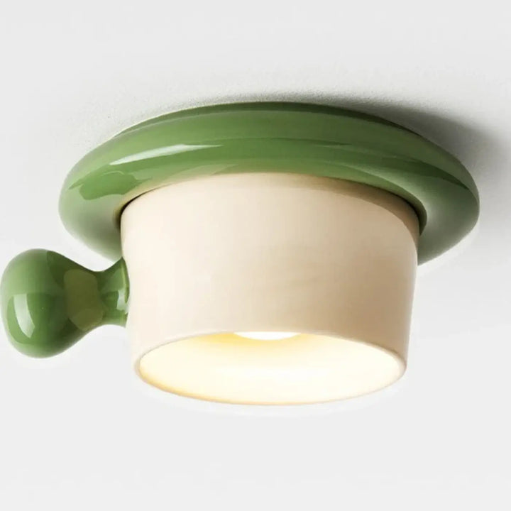 Luminaire plafonnier anny au style rétro avec poignée en céramique verte sauge et corps cylindrique ivoire